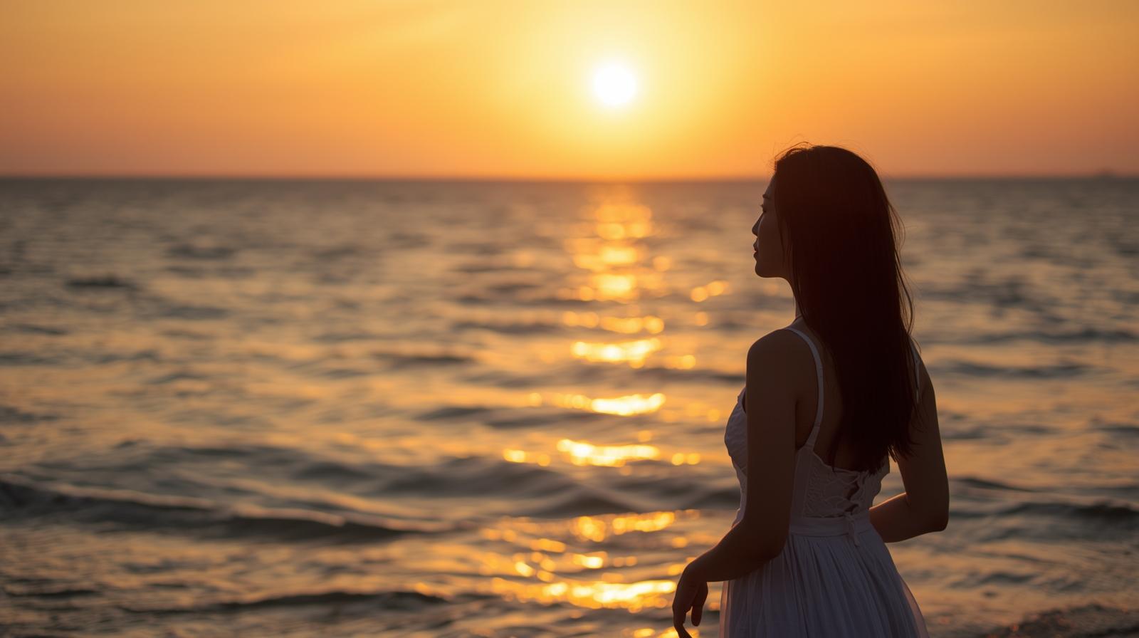 Woman in white dress looking at golden sunset over the ocean